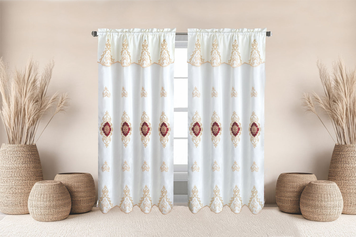 Amani Embroidered Window Panel With Attached Valance Luxury Curtain Set - Stylish Curtains