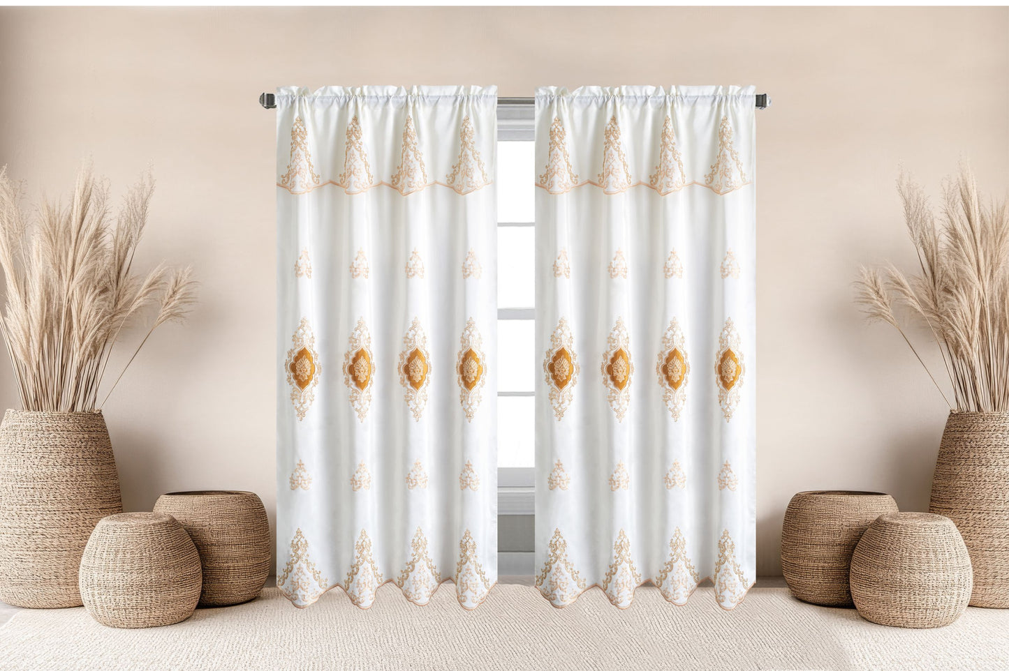 Amani Embroidered Window Panel With Attached Valance Luxury Curtain Set - Stylish Curtains