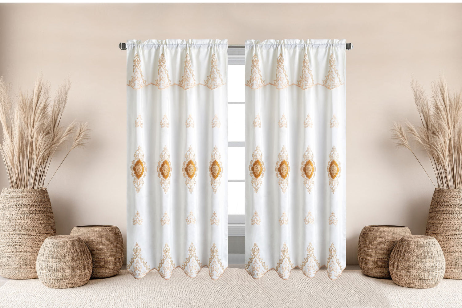 Amani Embroidered Window Panel With Attached Valance Luxury Curtain Set - Stylish Curtains