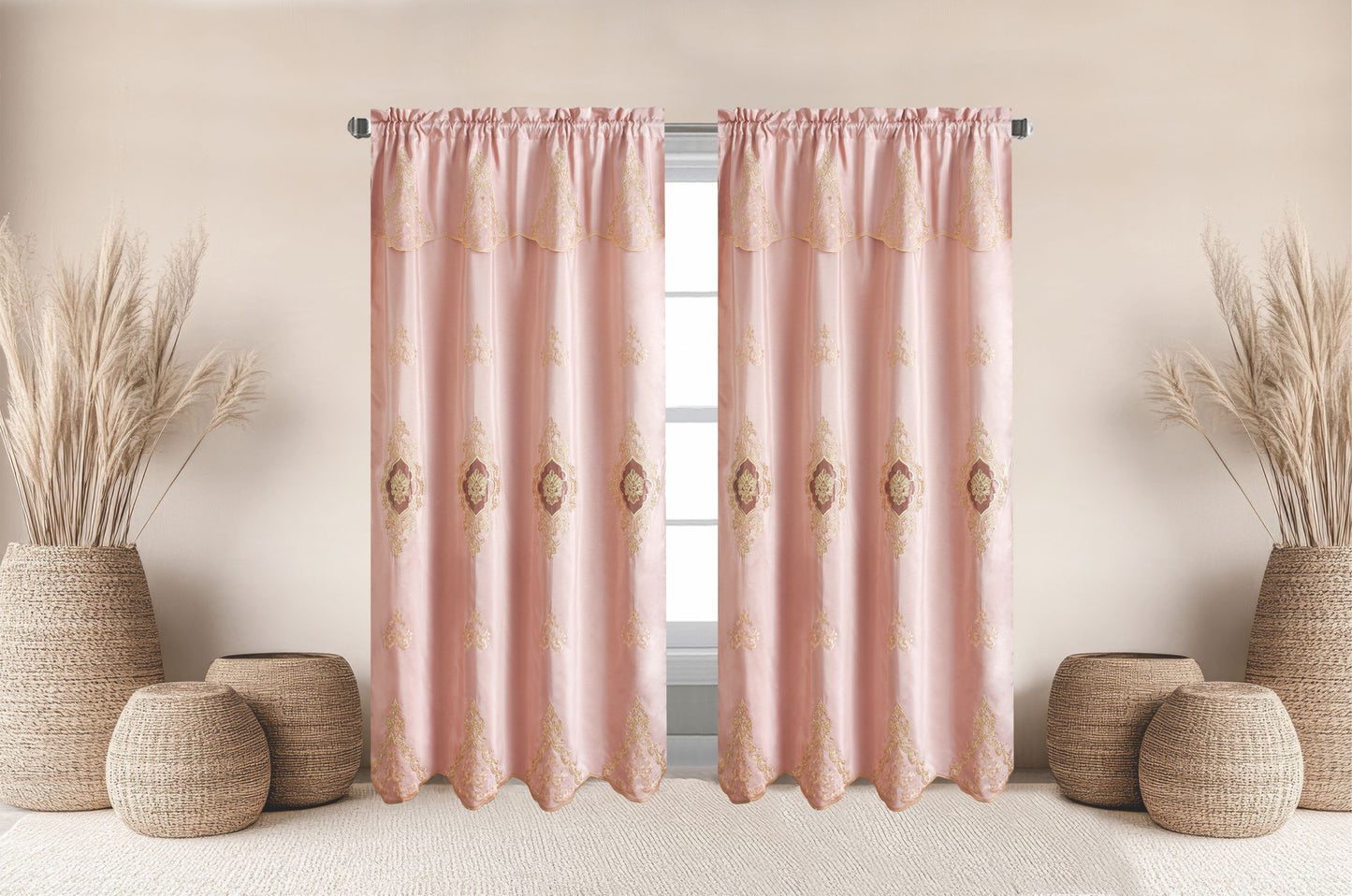 Amani Embroidered Window Panel With Attached Valance Luxury Curtain Set - Stylish Curtains
