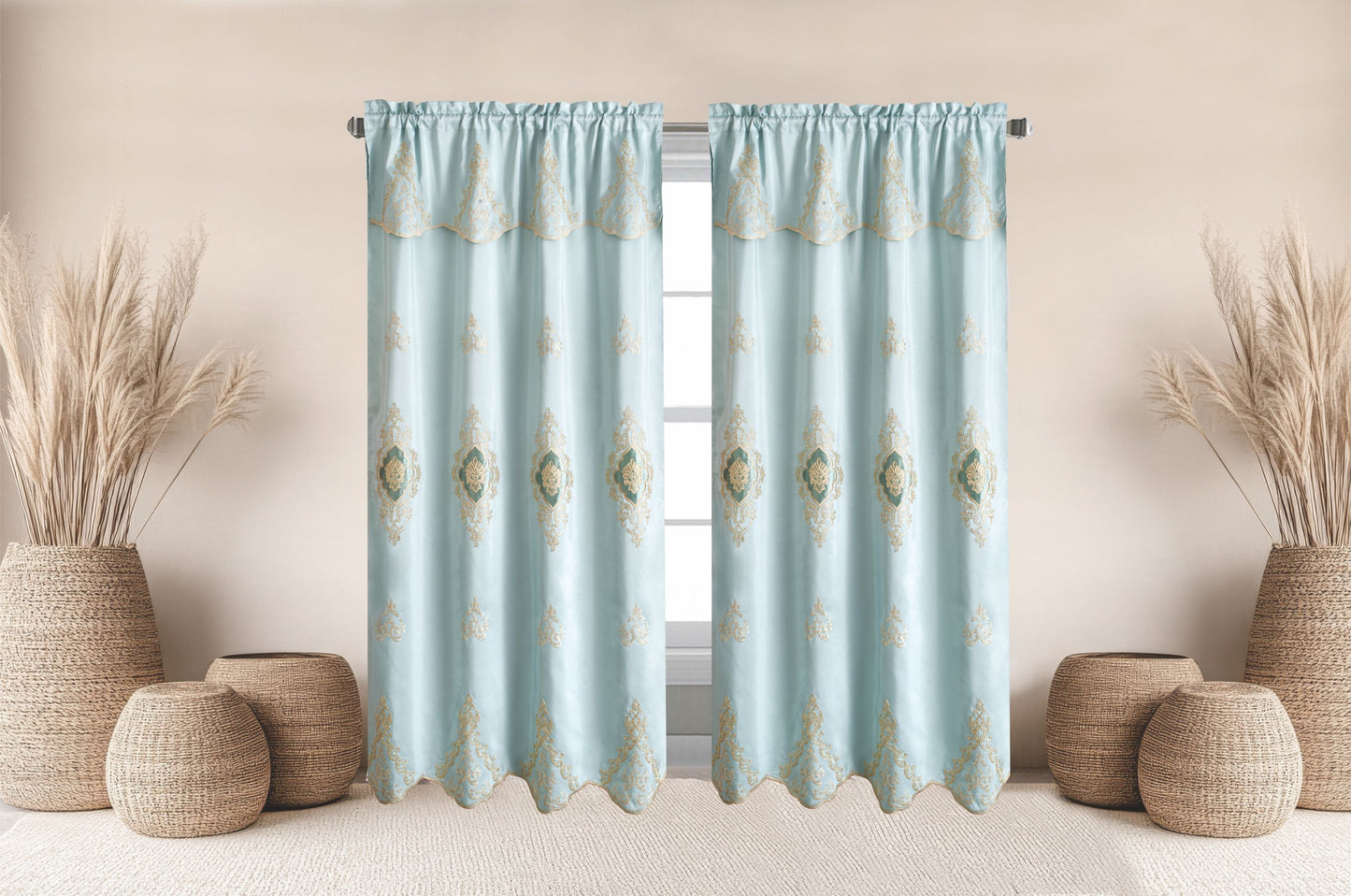 Amani Embroidered Window Panel With Attached Valance Luxury Curtain Set - Stylish Curtains