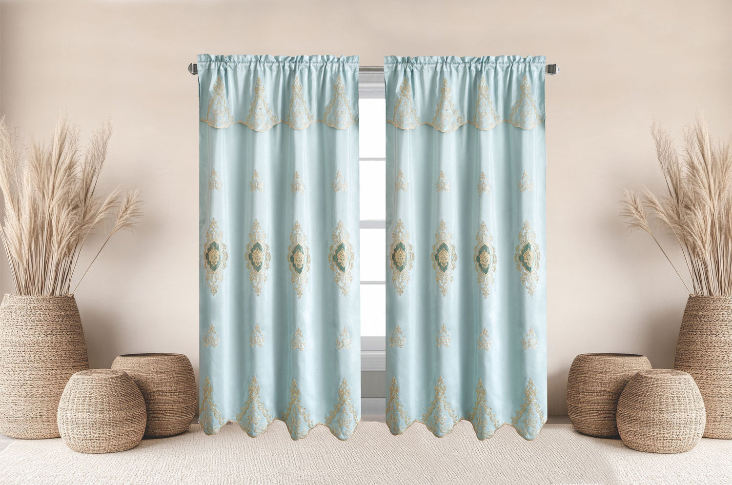 Amani Embroidered Window Panel With Attached Valance Luxury Curtain Set - Stylish Curtains