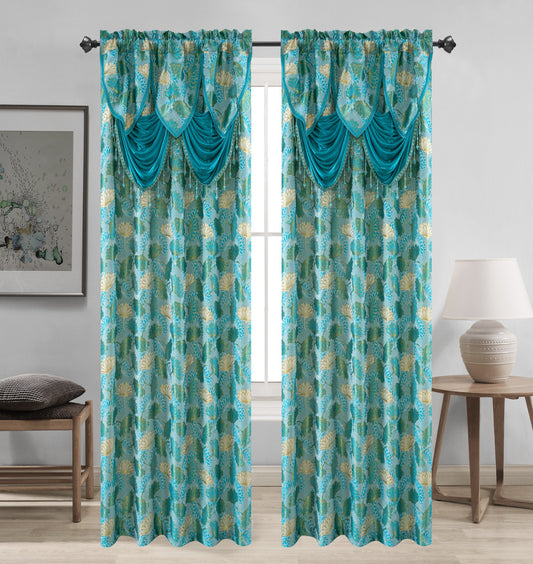 aqua patterned curtains with valance in a room setting