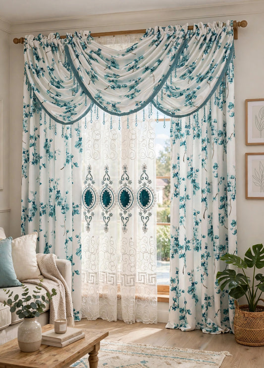 Regency Blossom 7-Piece Luxury Curtain Set – Teal with Veronica Sheer & Backing - Stylish Curtains