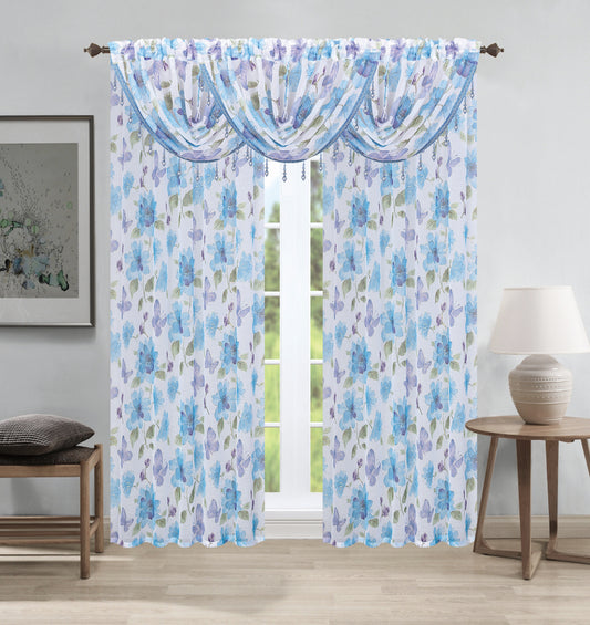 Anika 5-Piece Floral Curtain Set – 3 Valances & 2 Panels - Stylish Curtains