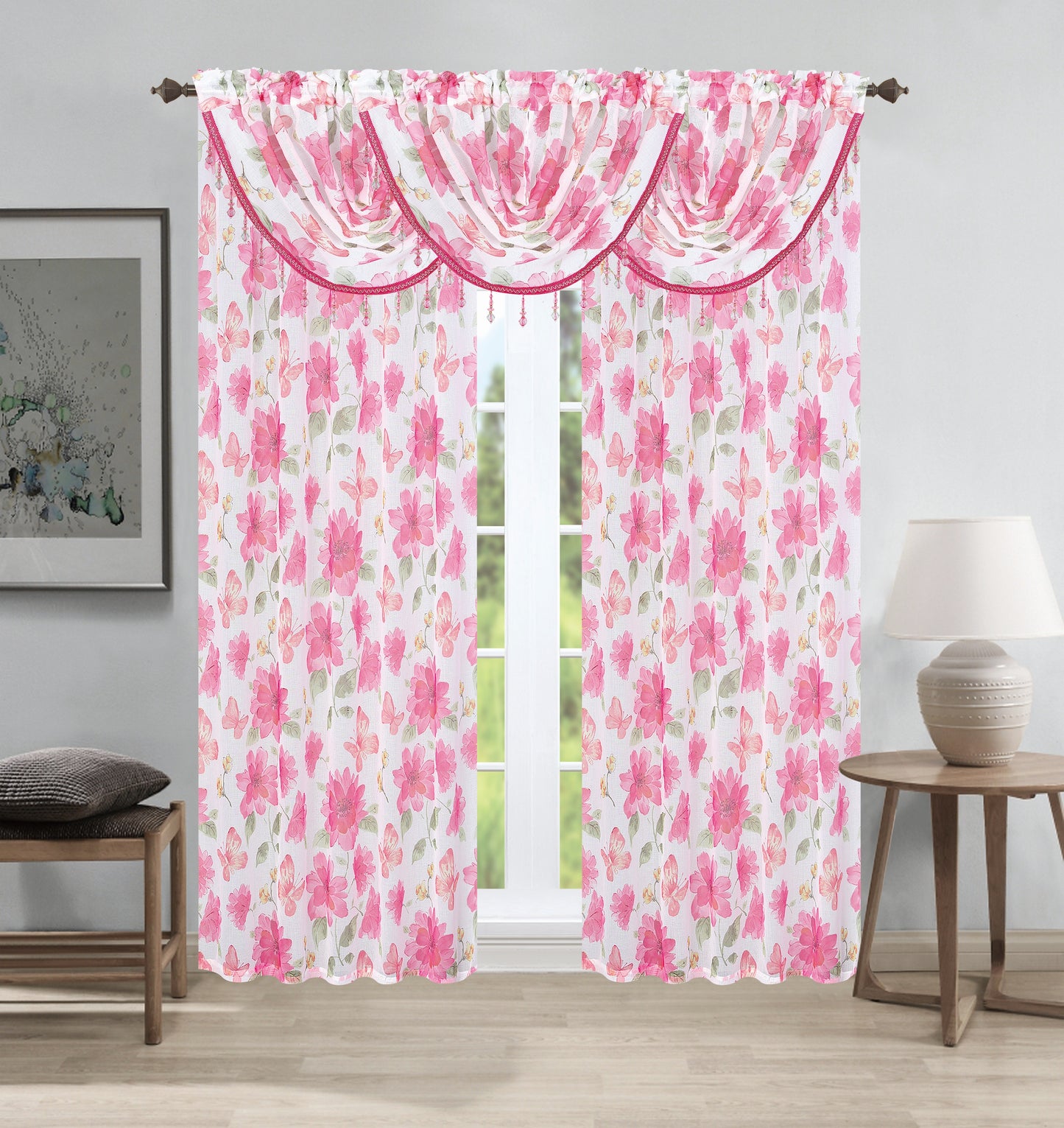 Anika 5-Piece Floral Curtain Set – 3 Valances & 2 Panels - Stylish Curtains