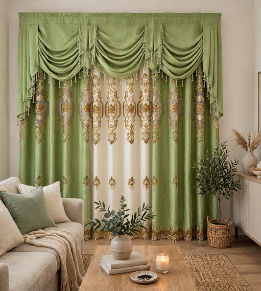 Jenifer Sage Green Embroidered Curtain Set – 5 Piece Grommet Panels with Valance & Backing