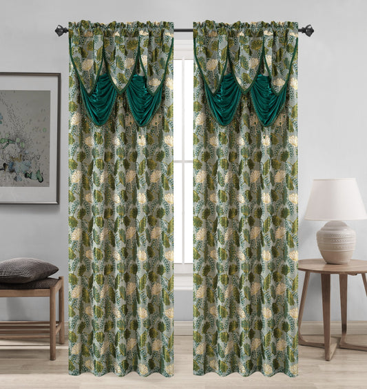 Green patterned curtains with valance in a room setting