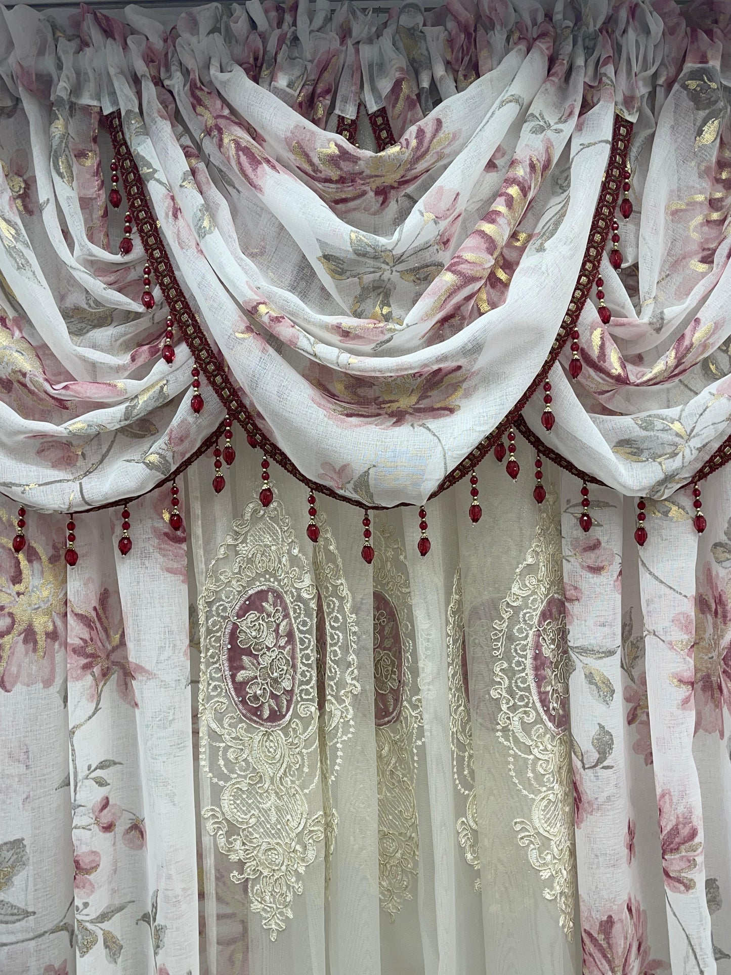 Anna 6-Piece Luxury Curtain Set – Burgundy With Monalisa Embroidered Panel - Stylish Curtains