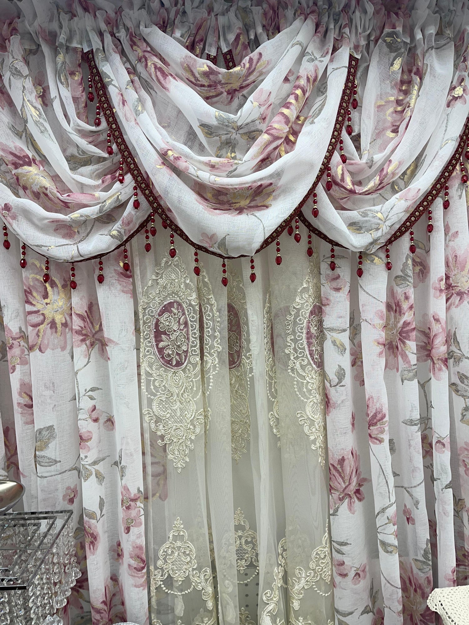 Anna 6-Piece Luxury Curtain Set – Burgundy With Monalisa Embroidered Panel - Stylish Curtains