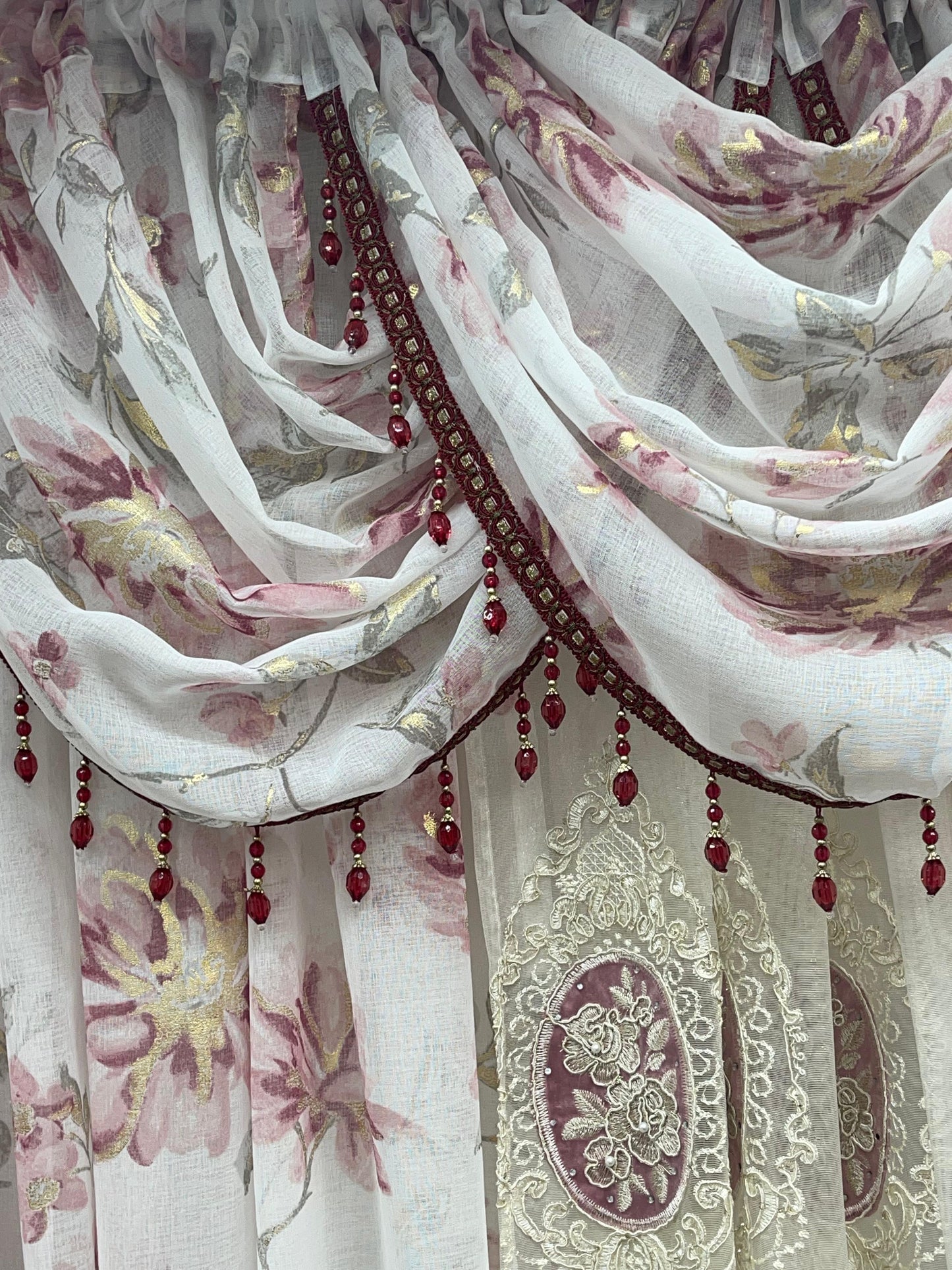 Anna 6-Piece Luxury Curtain Set – Burgundy With Monalisa Embroidered Panel - Stylish Curtains