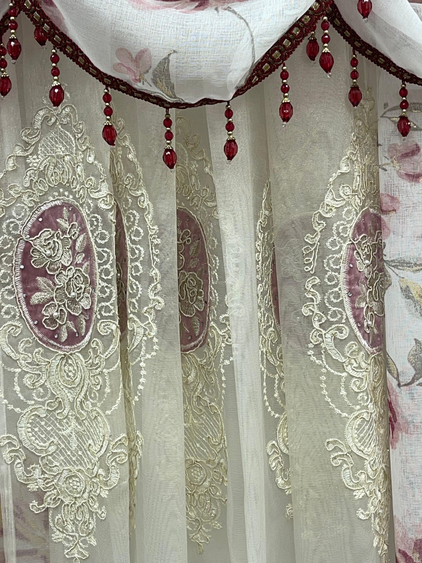 Anna 6-Piece Luxury Curtain Set – Burgundy With Monalisa Embroidered Panel - Stylish Curtains