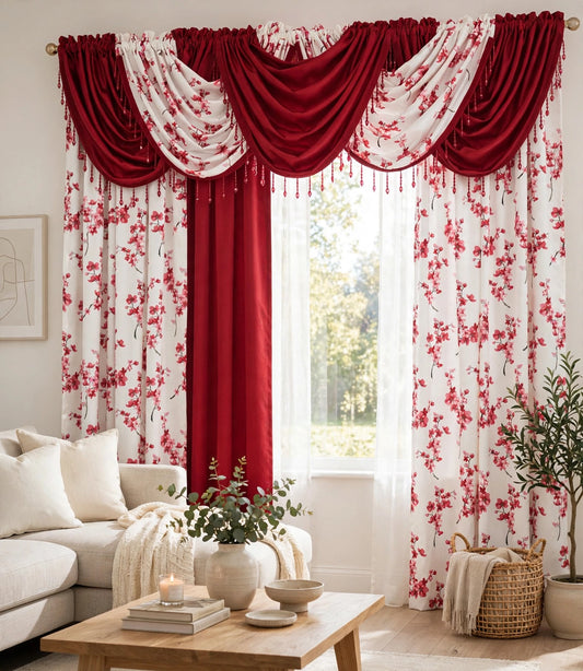 Regency Blossom Red 9 Piece Curtain Set | Luxury Floral Window Treatment with Solid Panels & Waterfall Valances - Stylish Curtains