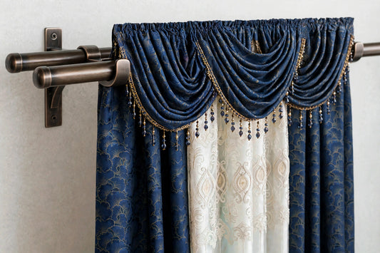 Stefania Navy Blue 7-Piece Curtain Set with Elizabeth Embroidered Panel - Stylish Curtains