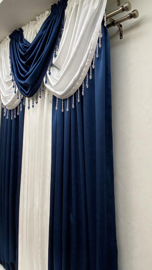 Luxury Regency Navy Blue & White Curtain Set for Small Windows 36–46 Inch | Elegant Layered Window Drapes - Stylish Curtains