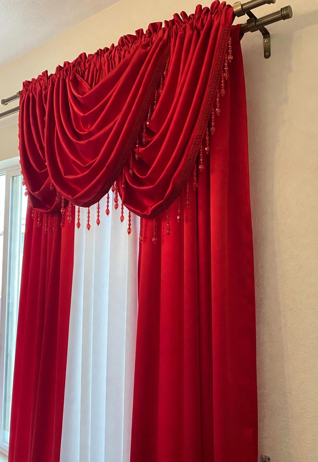 Regency 6-Piece Jacquard Curtain Set – Red & White - Stylish Curtains