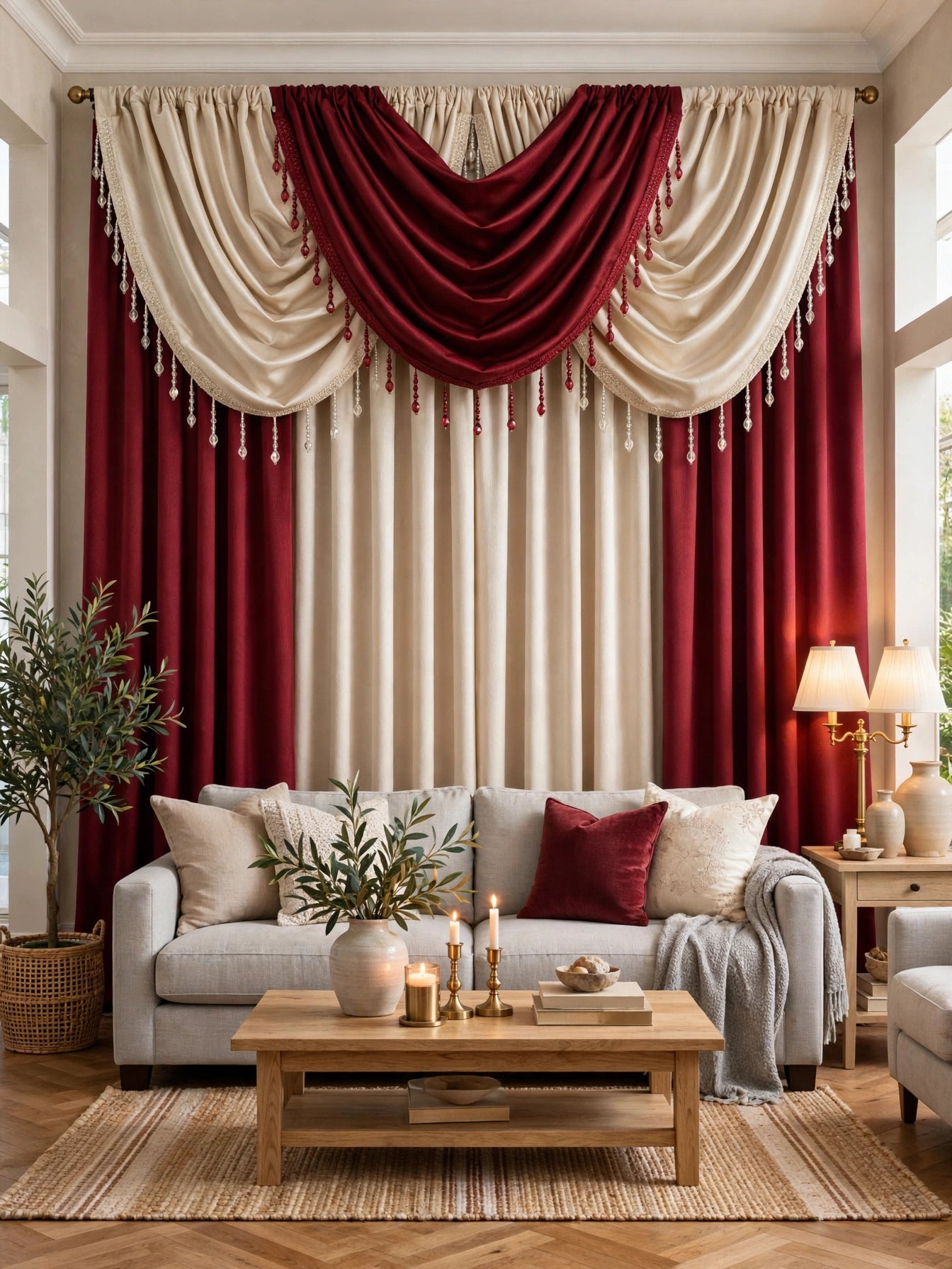Luxury Regency Burgundy & Beige Curtain Set for Small Windows 36–46 Inch | Elegant Layered Window Drapes - Stylish Curtains