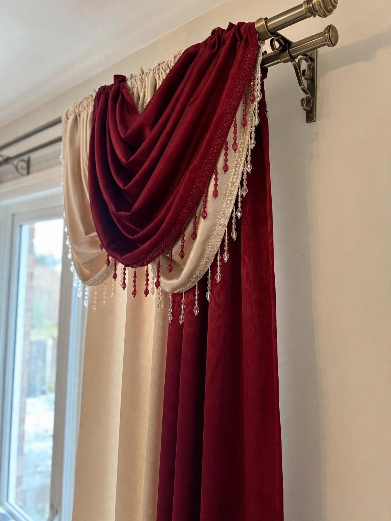 Luxury Regency Burgundy & Beige Curtain Set for Small Windows 36–46 Inch | Elegant Layered Window Drapes - Stylish Curtains