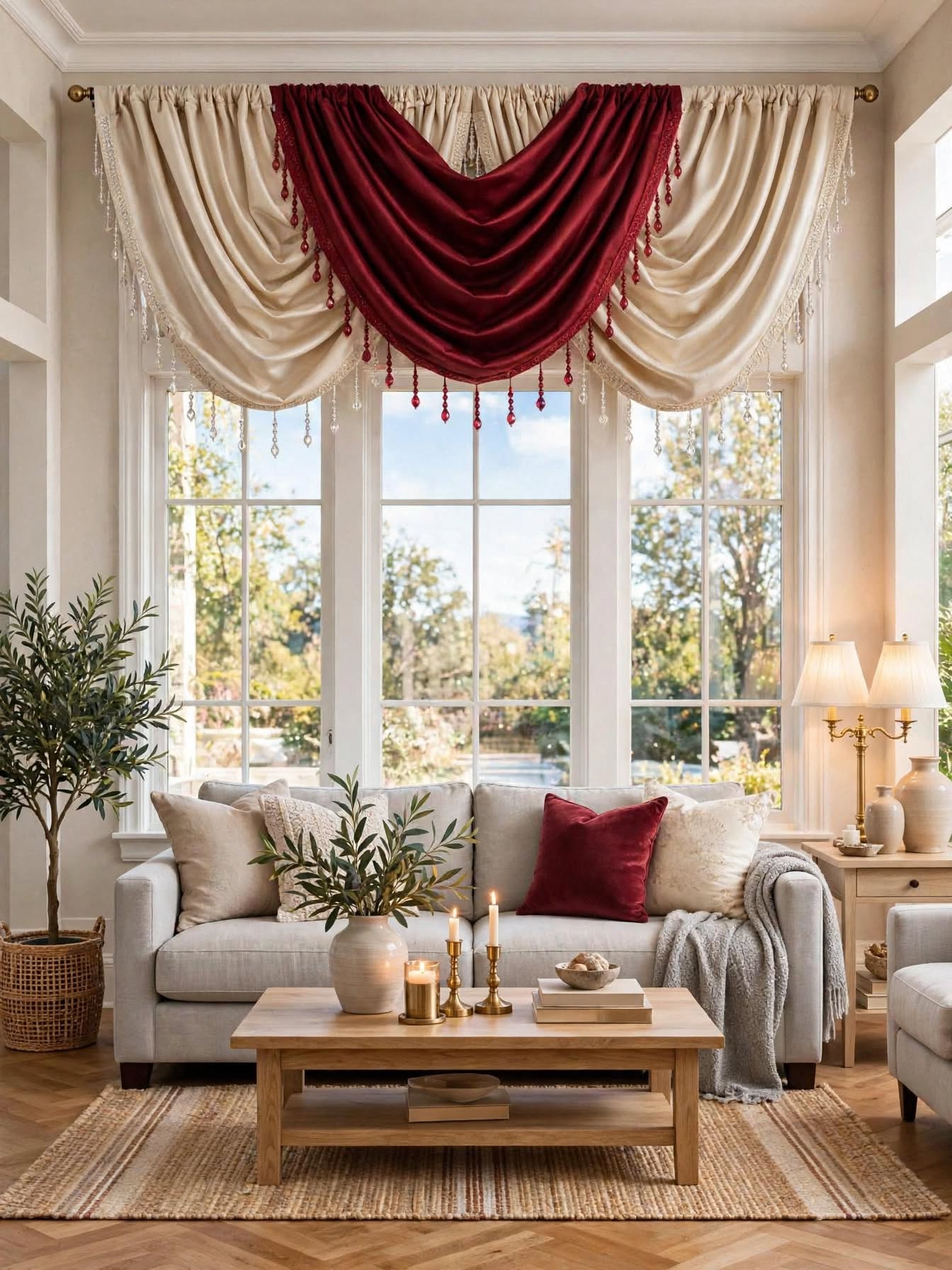 Luxury Regency Burgundy & Beige Curtain Set for Small Windows 36–46 Inch | Elegant Layered Window Drapes - Stylish Curtains