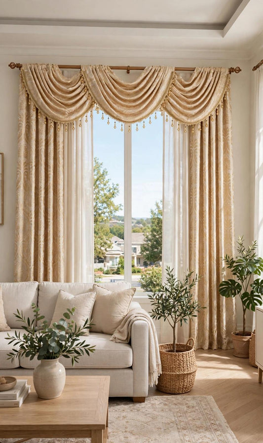 Lizet Gold 6-Piece Curtain Set with Regency Beige Center Panel and Decorative Valances