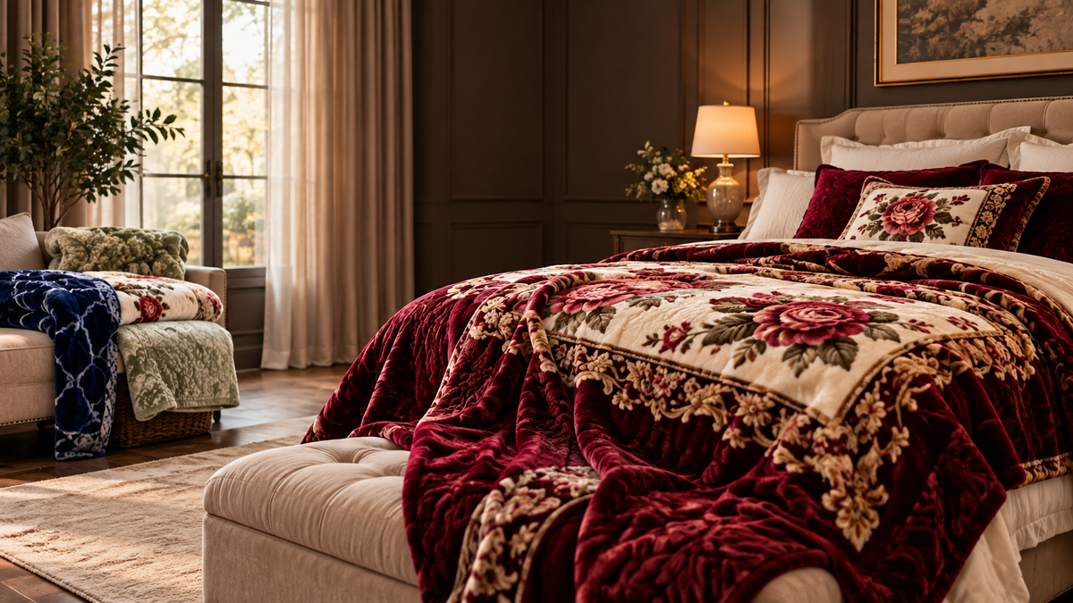 Luxury blanket styled in a warm, elegant interior