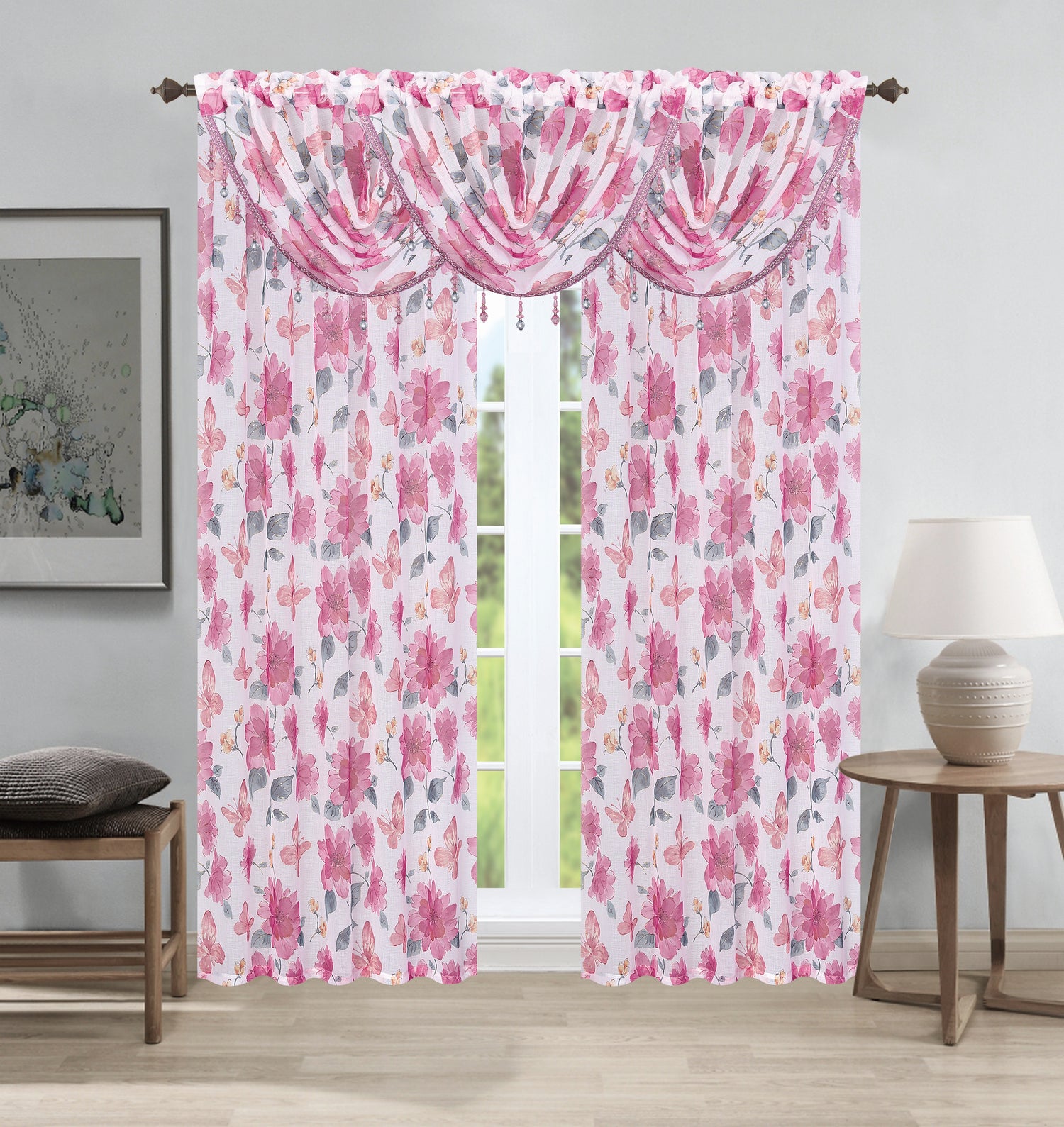 Anika 5-Piece Floral Curtain Set – 3 Valances & 2 Panels - Stylish Curtains