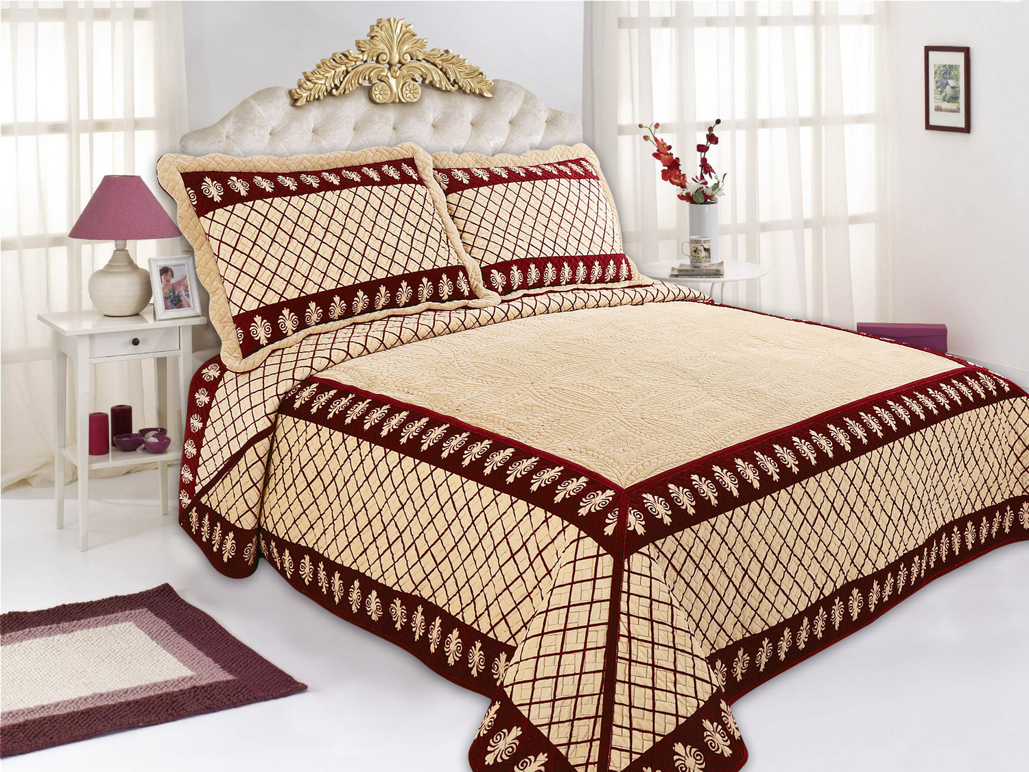 Madrid Plush Embroidered 3D Quilt Set - Luxurious Bedding in Queen & King Sizes - Stylish Curtains