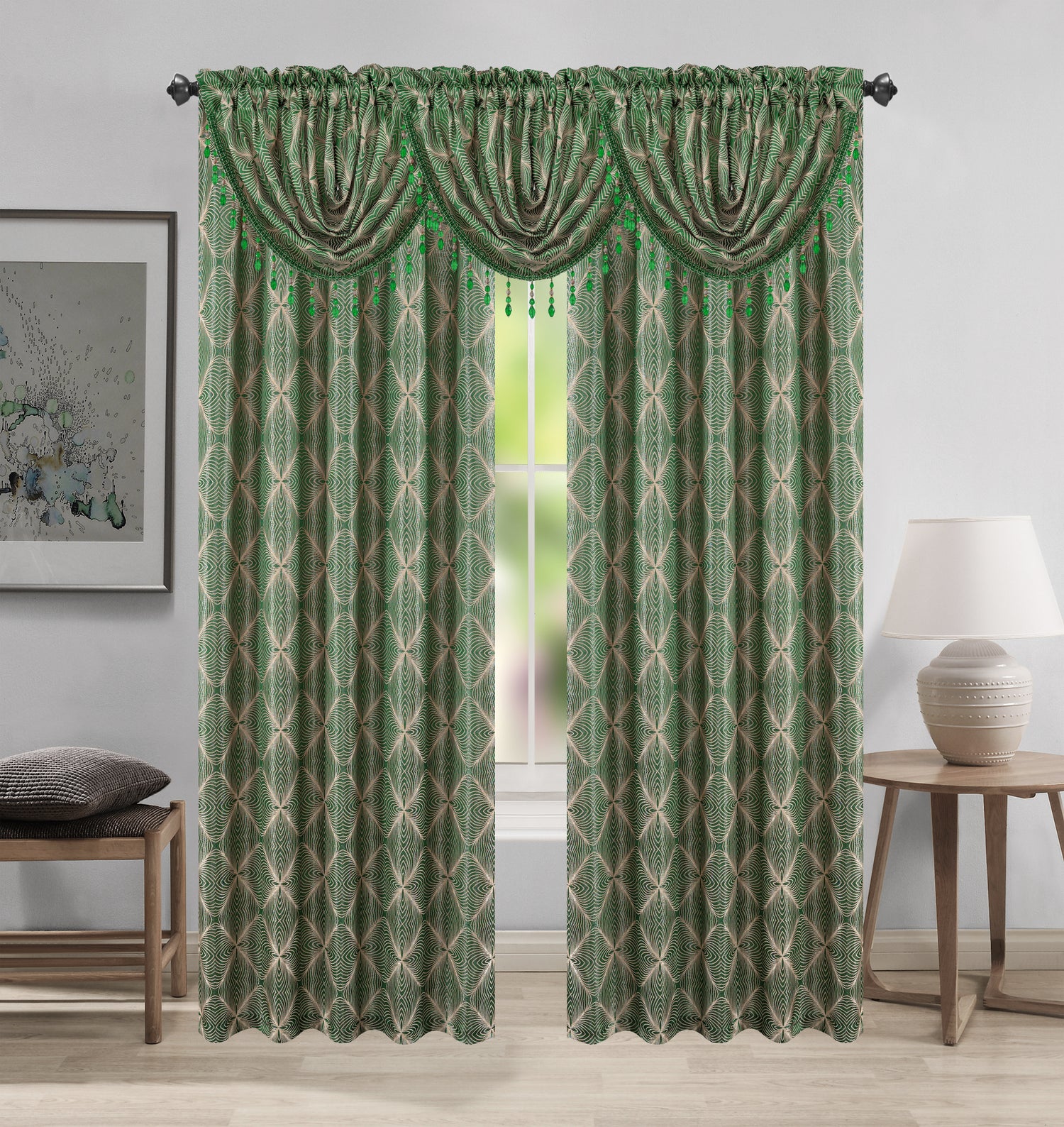 Margo Jacquard Curtain Panel & Waterfall Valance Set - 5 Pieces (2 Panels + 3 Valance) - Stylish Curtains