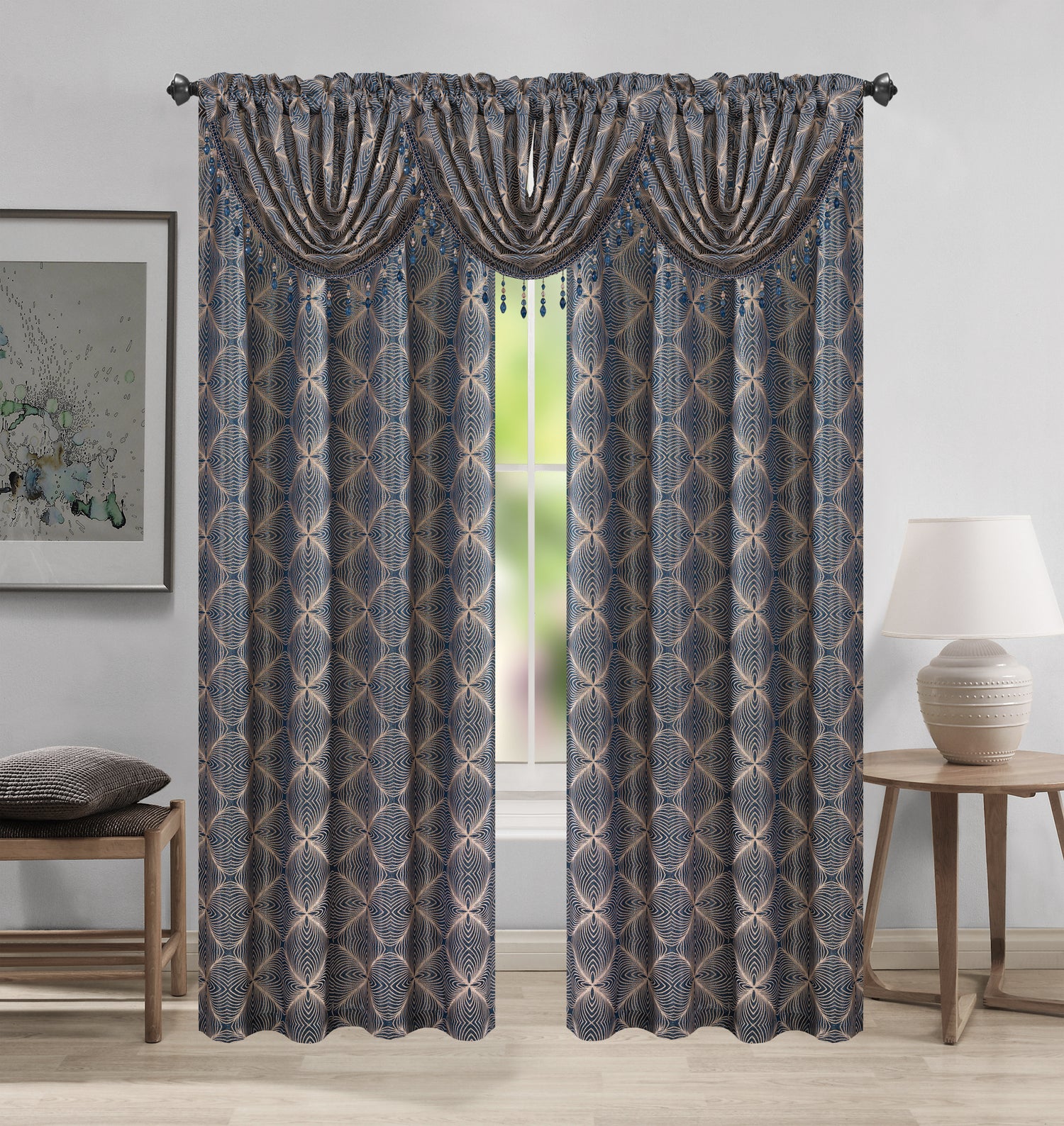 Margo Jacquard Curtain Panel & Waterfall Valance Set - 5 Pieces (2 Panels + 3 Valance) - Stylish Curtains