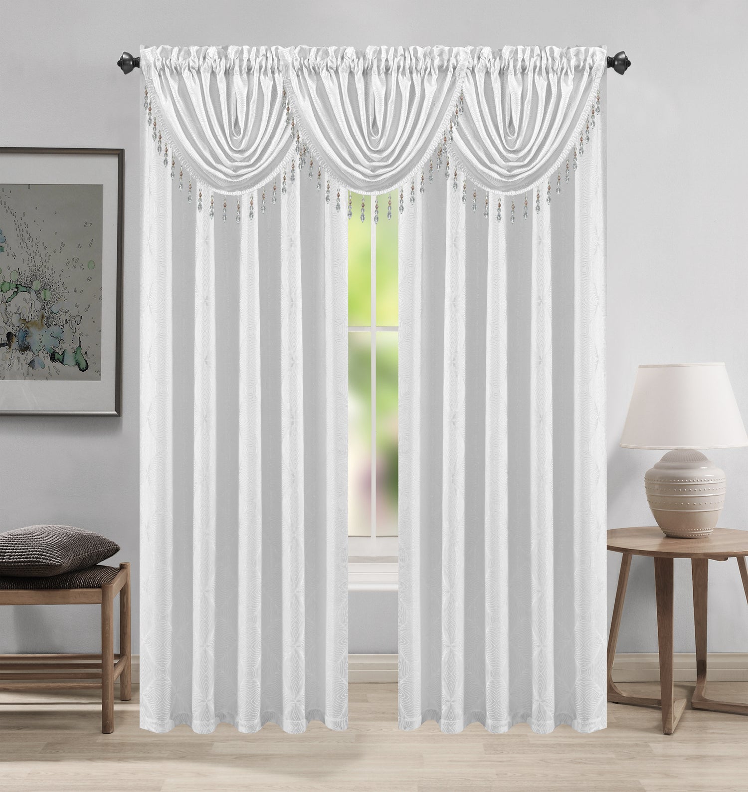 Margo Jacquard Curtain Panel & Waterfall Valance Set - 5 Pieces (2 Panels + 3 Valance) - Stylish Curtains