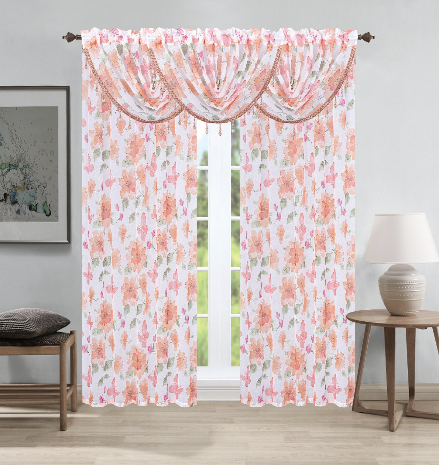 Anika 5-Piece Floral Curtain Set – 3 Valances & 2 Panels - Stylish Curtains