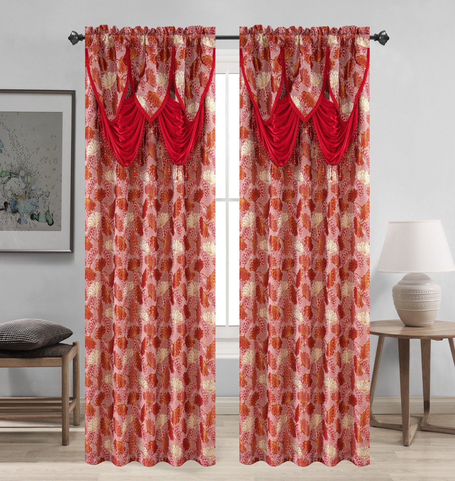Yuliana red floral curtain single panel designer look