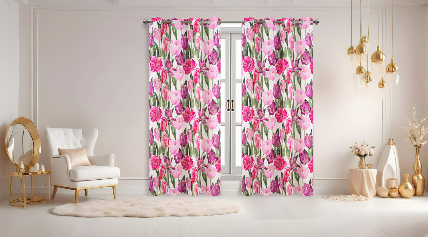 Floral patterned curtains in a room with decor elements.