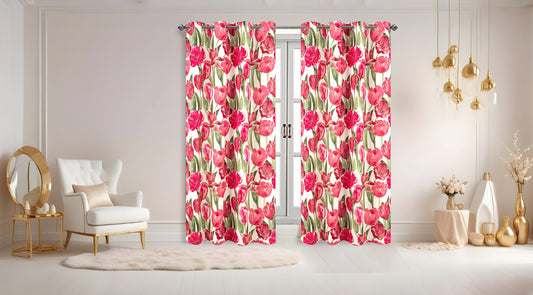 Floral patterned curtains in a room with decor elements.