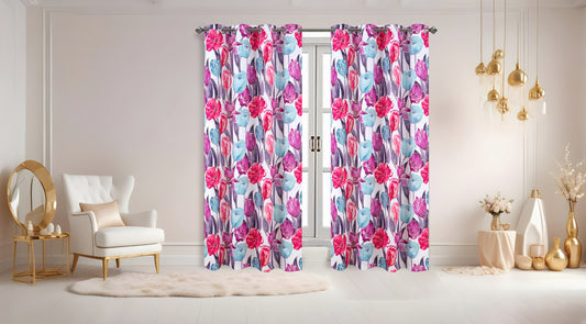 Floral patterned curtains in a room with decor elements.