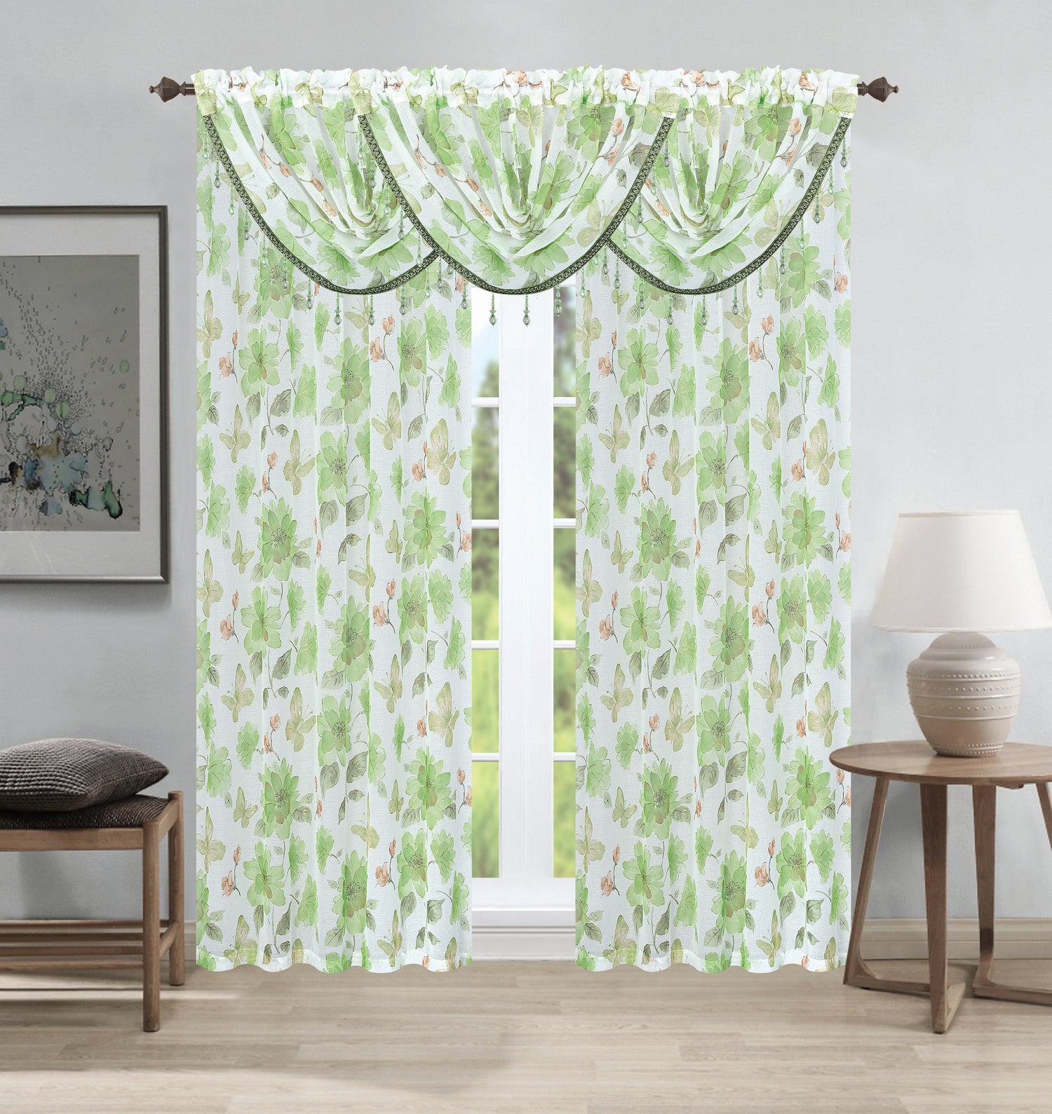 Anika 5-Piece Floral Curtain Set – 3 Valances & 2 Panels - Stylish Curtains