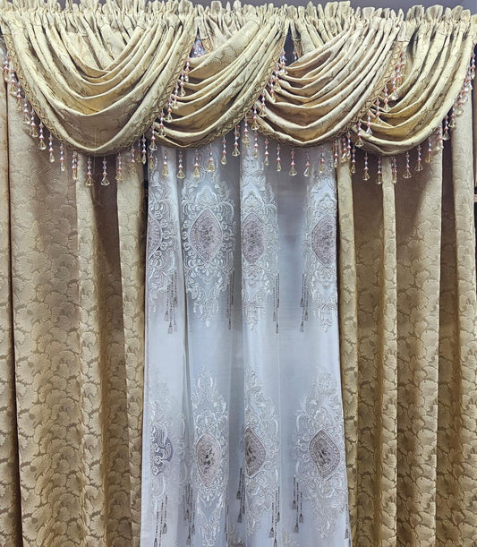 Stefania Gold 8PC luxury curtain set with waterfall valances and taupe embroidered center panel