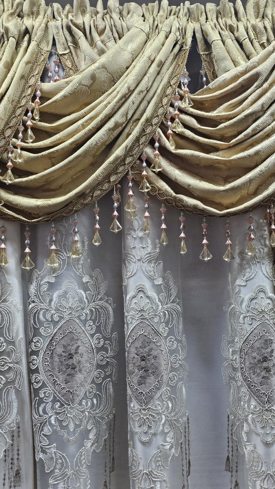 Stefania gold curtain fabric with taupe medallion embroidered center panel
