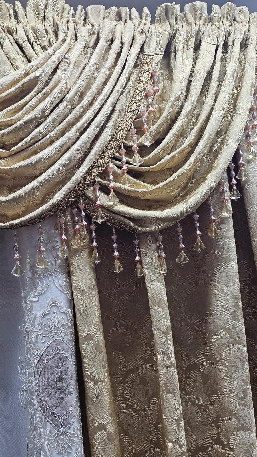 Stefania gold layered curtain set with two rod installation