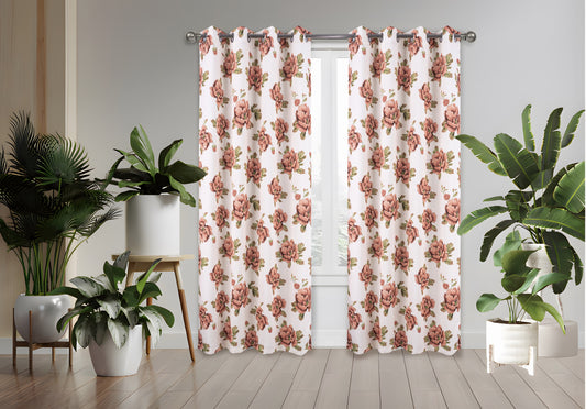 Floral curtains with pink roses in a room with plants and a stool.