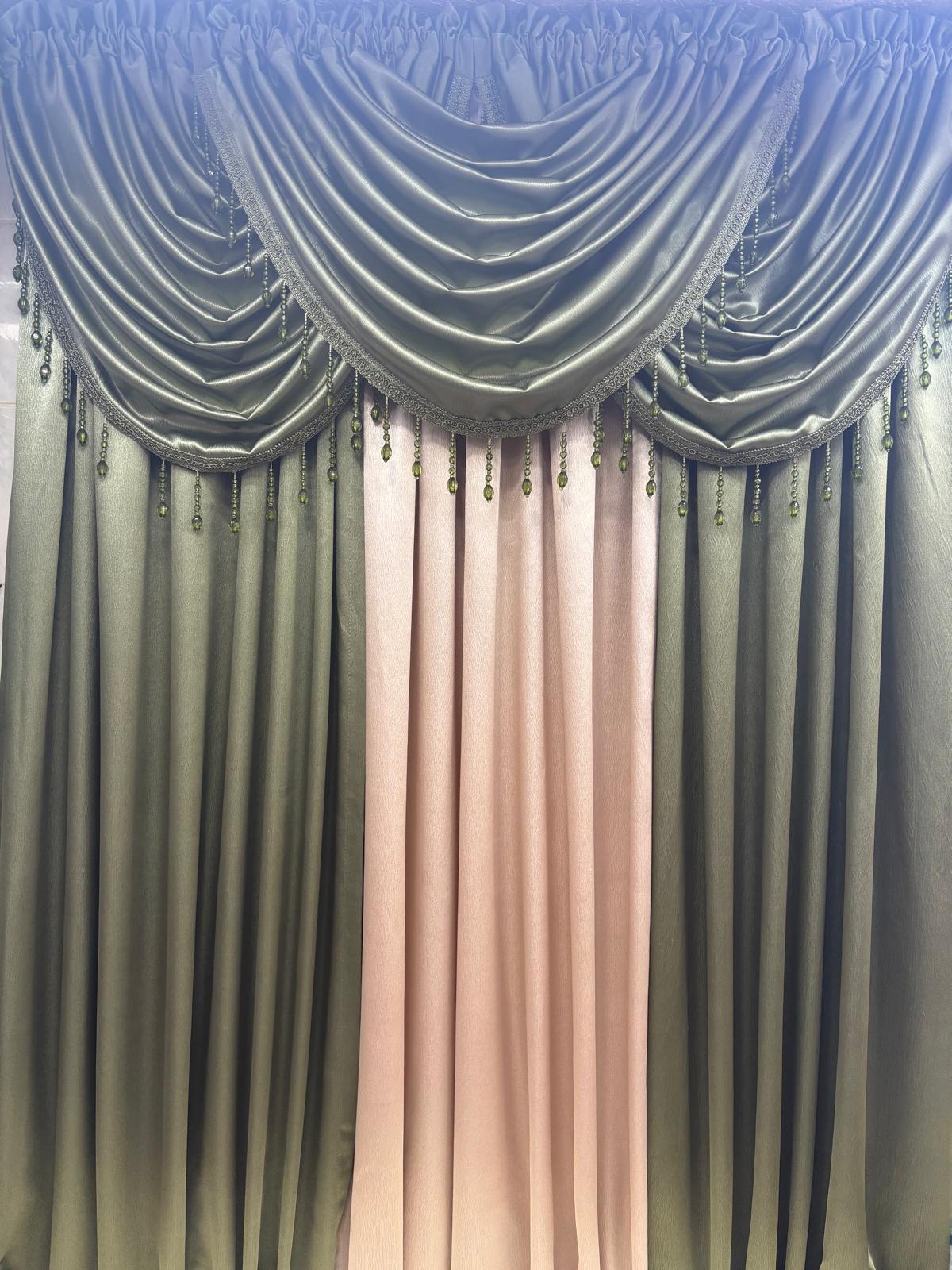 Regency Sage 6-Piece Luxury Curtain Set with 3 Valances & Beige Panel