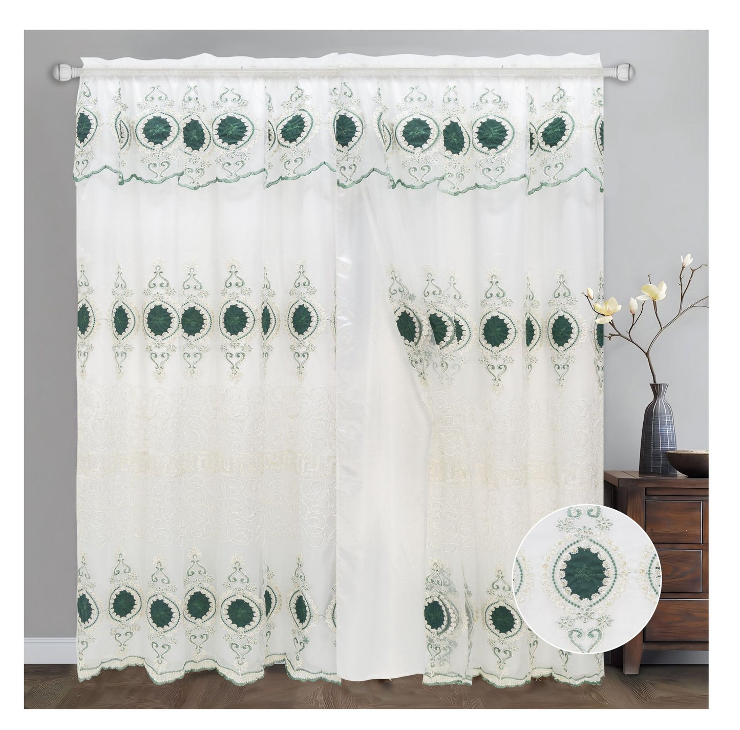 Luxury Rod Pocket Embroidered Curtain Panel with Backing