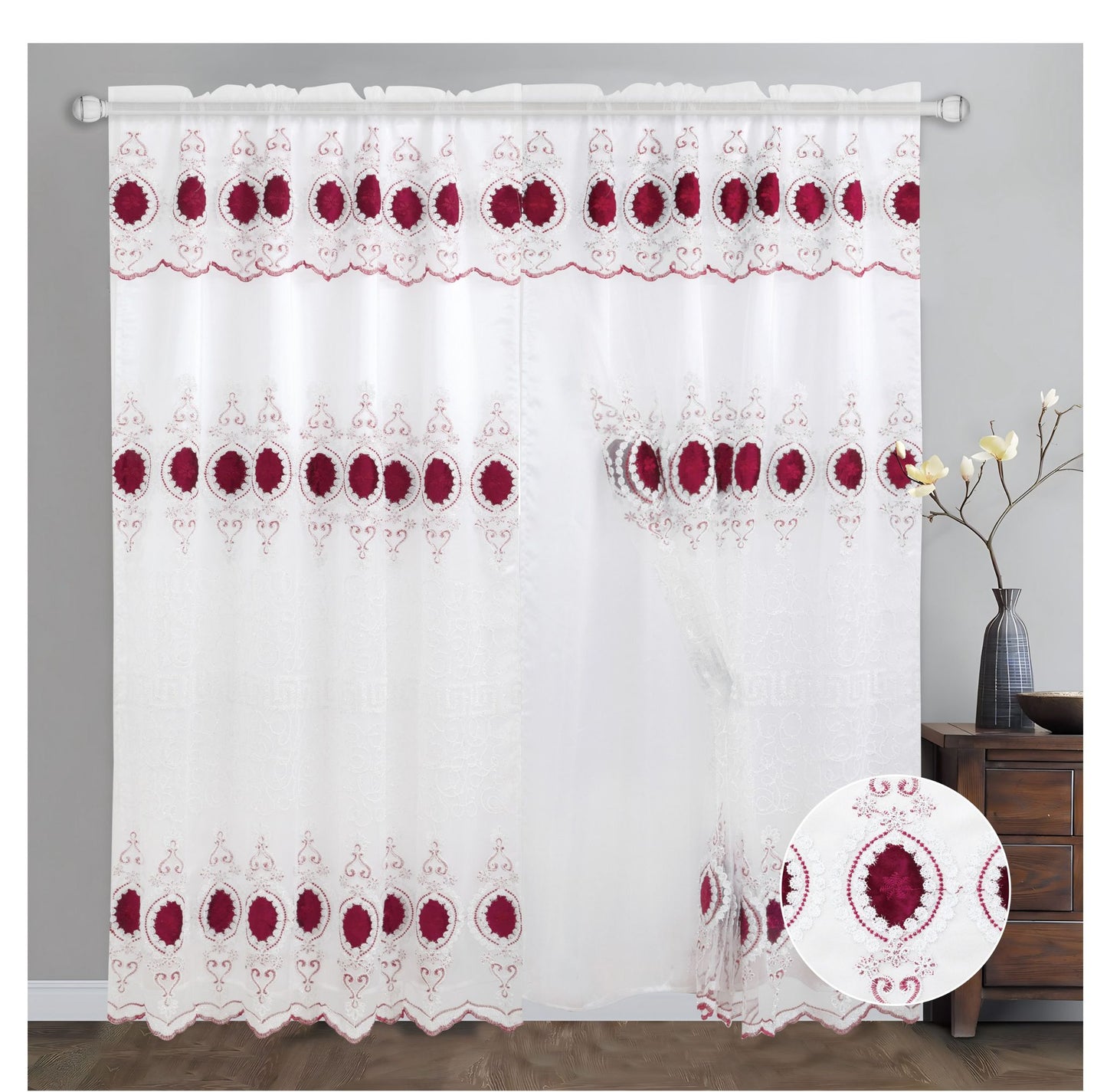 Luxury Rod Pocket Embroidered Curtain Panel with Backing