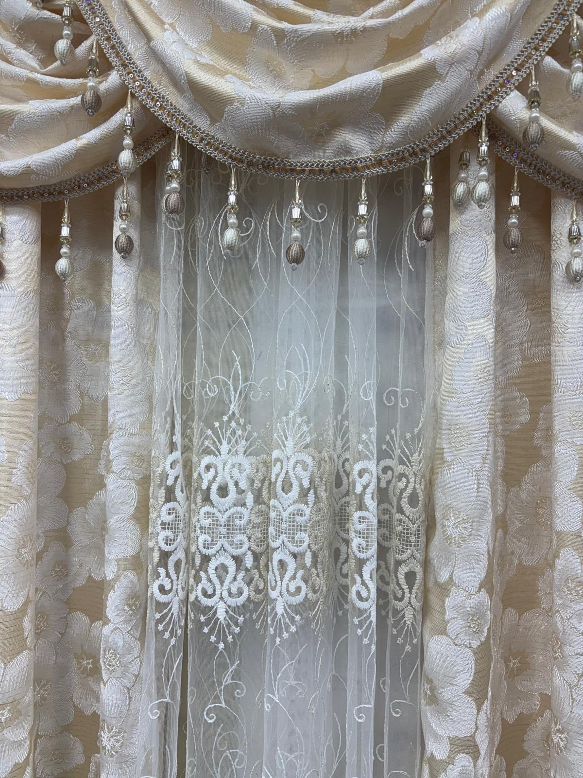 Yara 6-Piece Luxury Jacquard Curtain Set with Beaded Valance - Stylish Curtains