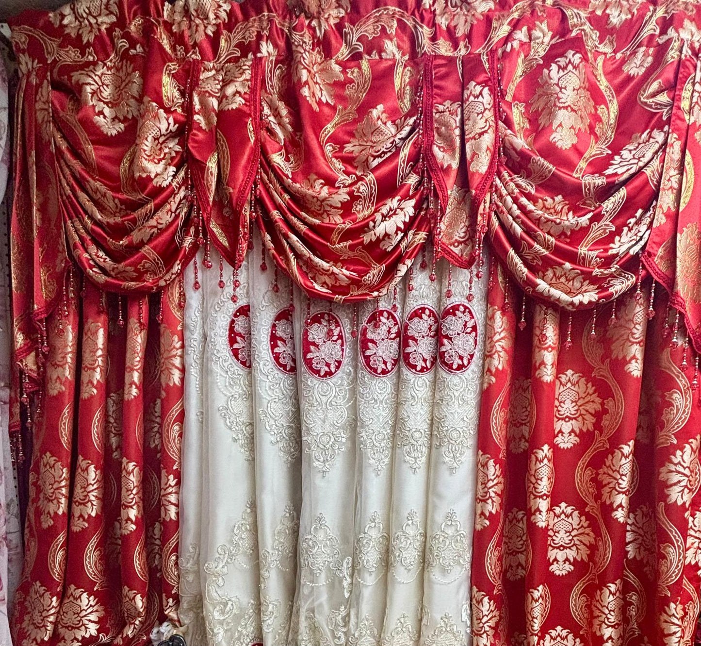 Mina Red Luxury Curtain Set for 78” Window – With Monalisa Panels & Backing