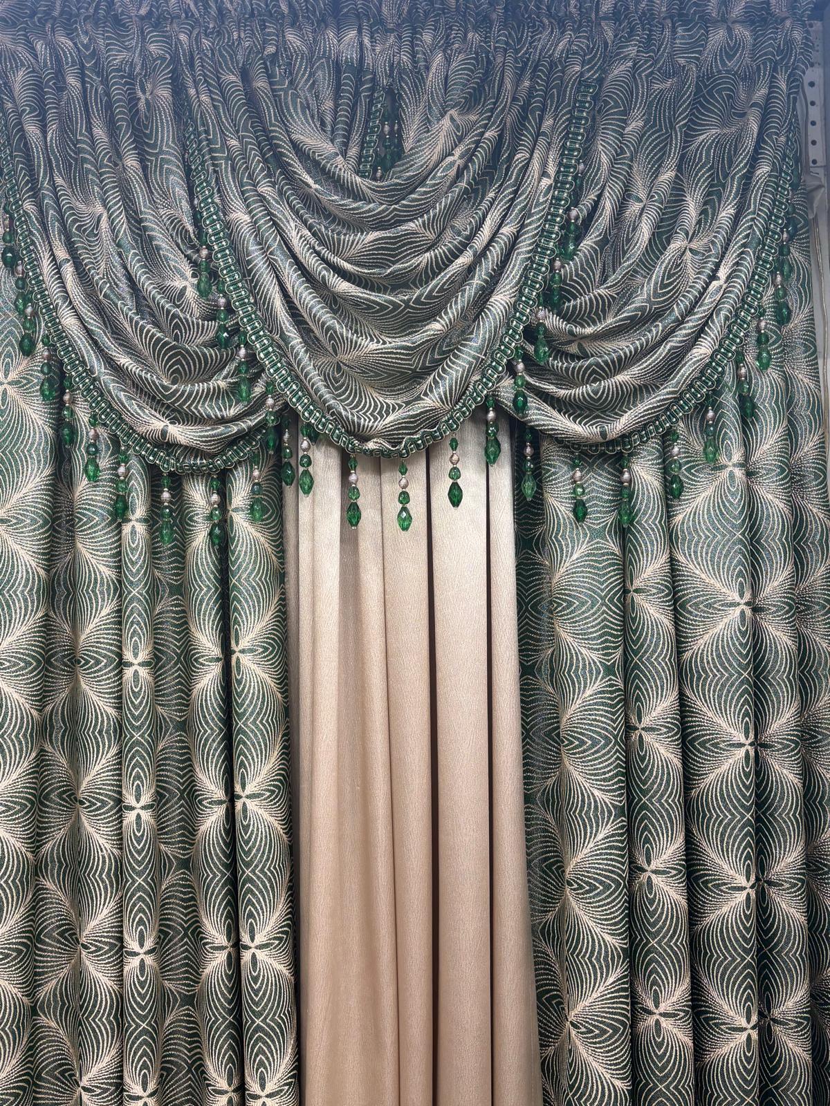 Margo 6 Piece Luxury Curtain Set With Regency Center Panel – Emerald and Beige