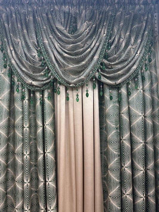 Margo 6 Piece Luxury Curtain Set With Regency Center Panel – Emerald and Beige