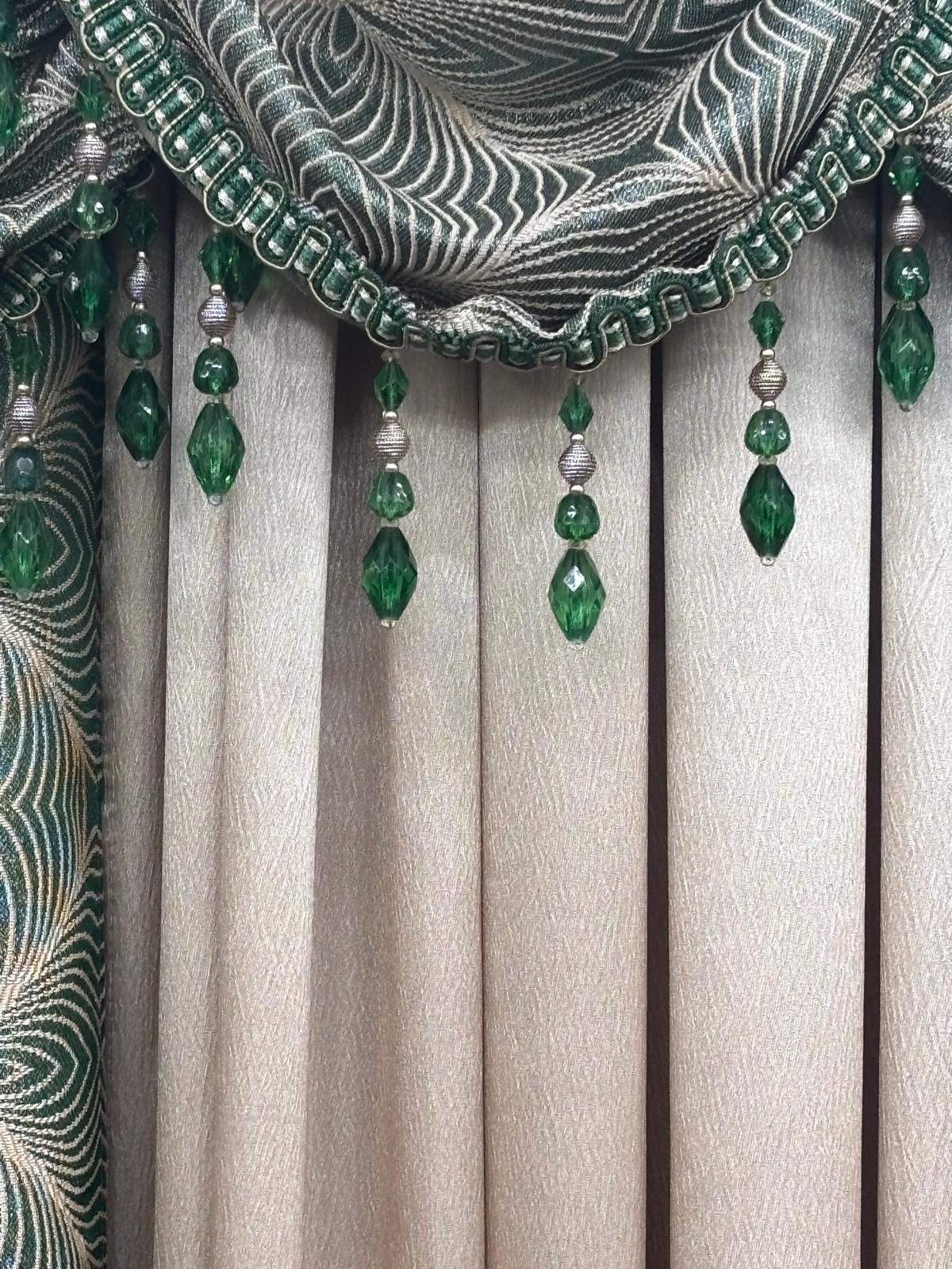 Margo 6 Piece Luxury Curtain Set With Regency Center Panel – Emerald and Beige