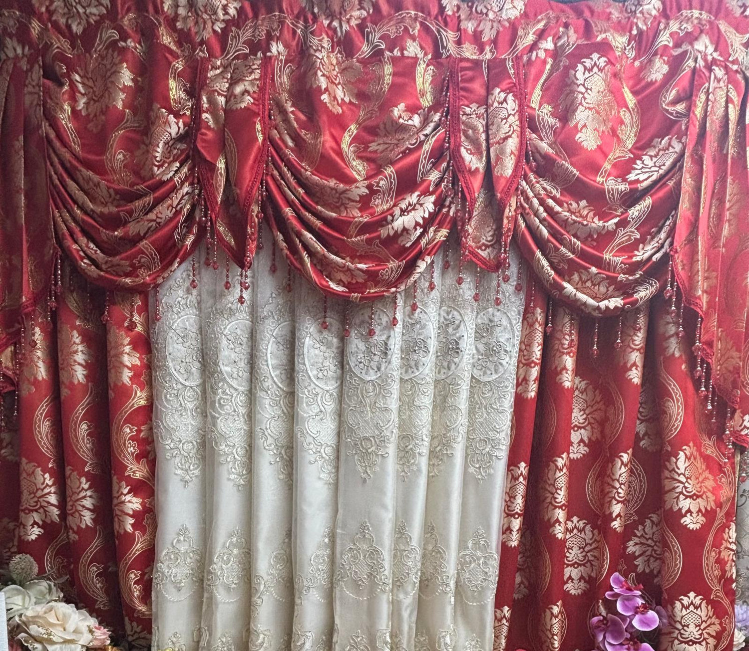 Mina Red Luxury Curtain Set for 78” Window – With Monalisa Panels & Backing - Stylish Curtains
