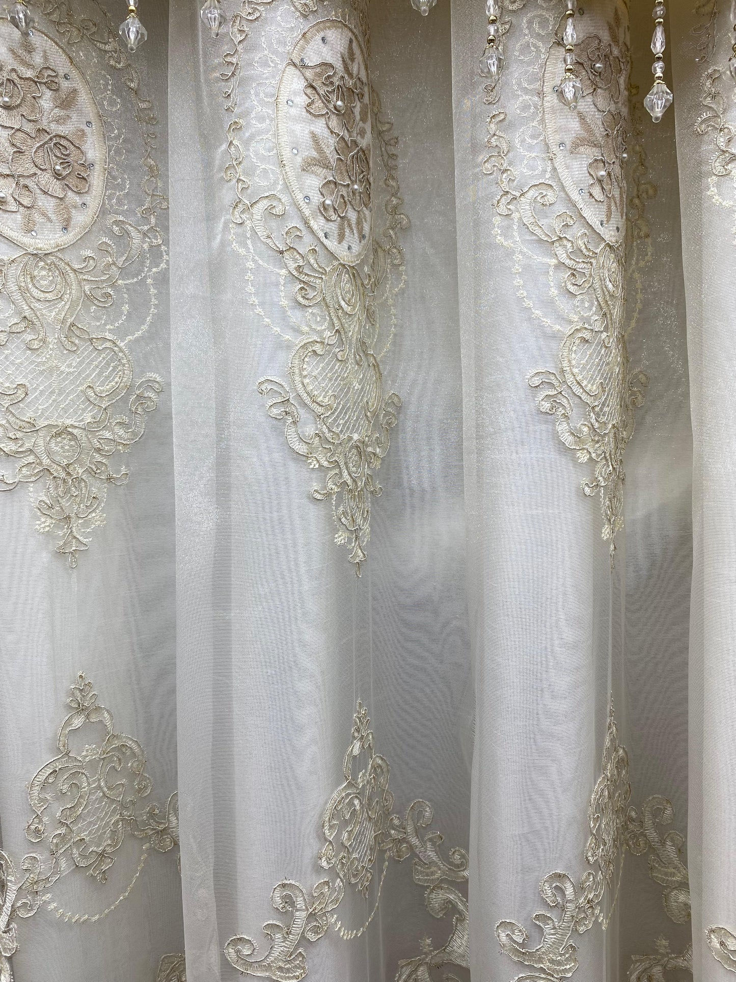 Mina 7 Piece Luxury Beige Curtain Set with Monalisa Panels & Backing